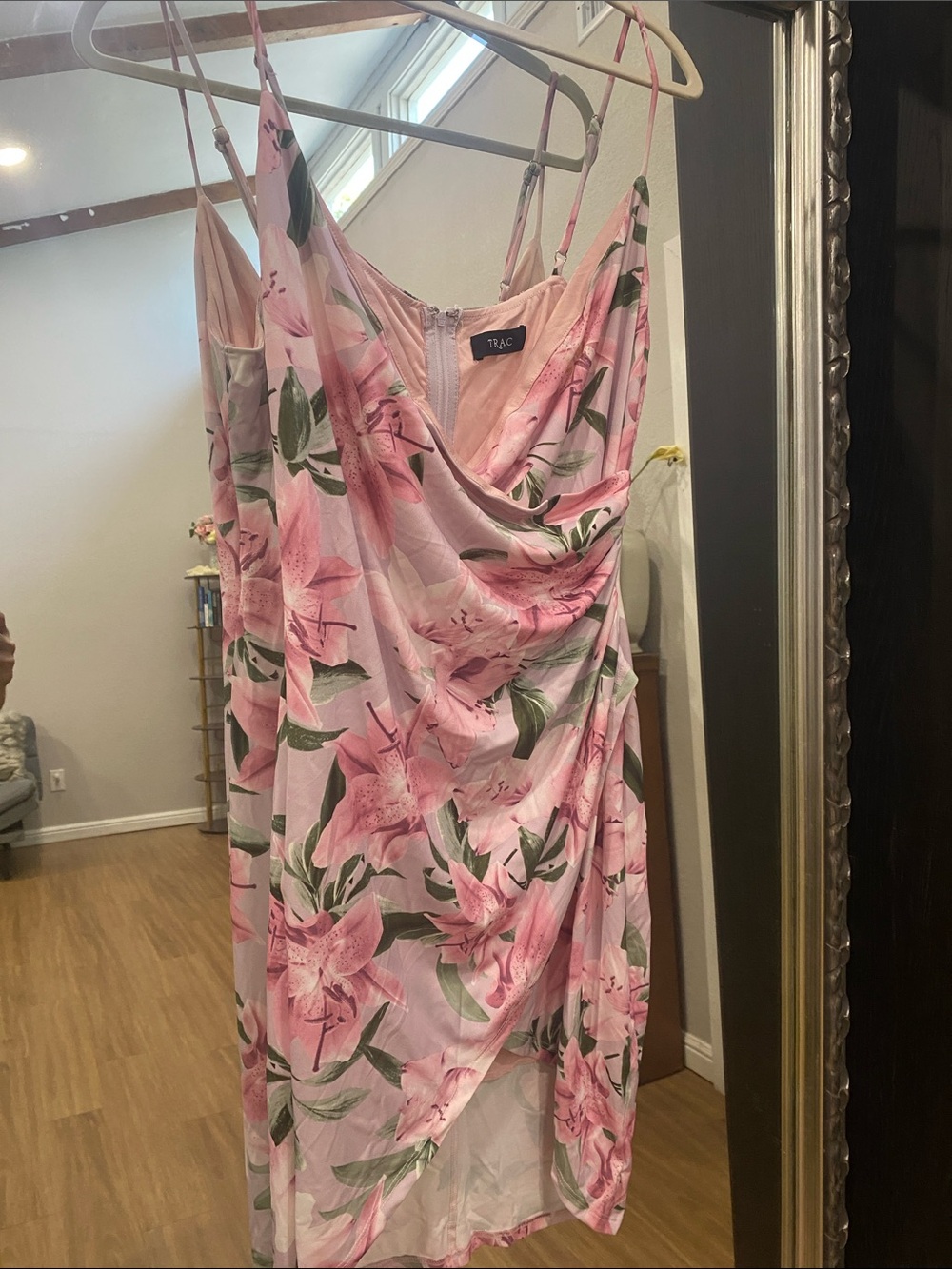 TRAC Pink Floral Midi Slip Dress with Green Leaf Print